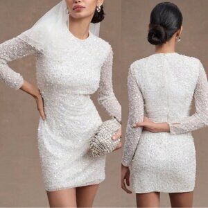 Anthrpologie BHLDN Josie Long-Sleeve Sequined Mini Dress White Plus Size 14
